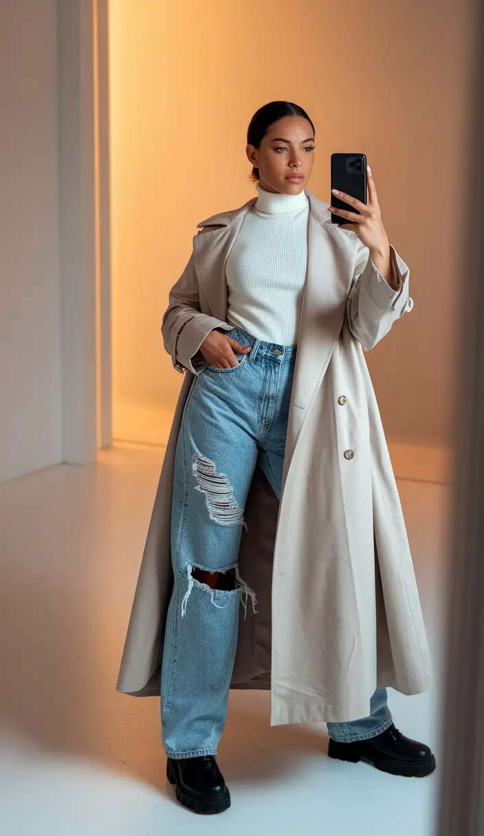 cozy fall outfits aesthetic 2025 Minimalist Trench and Ripped Denim Cool