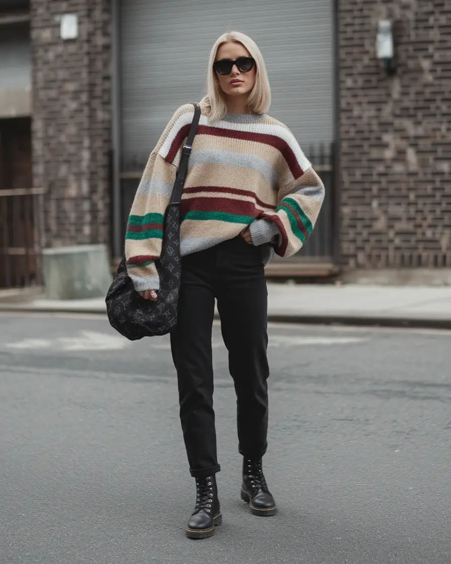 cozy fall outfits aesthetic school Retro Stripes and Combat Soles