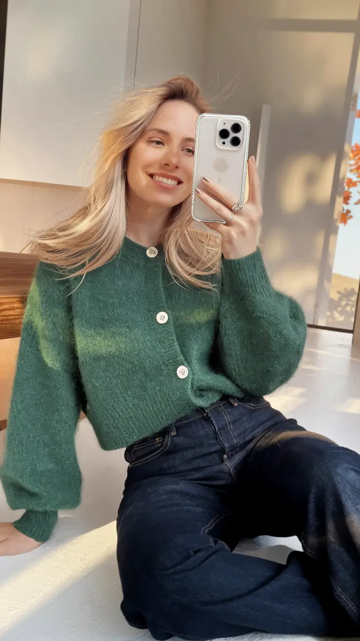 cozy fall outfits aesthetic vintage Retro Cardigan and Deep Denim