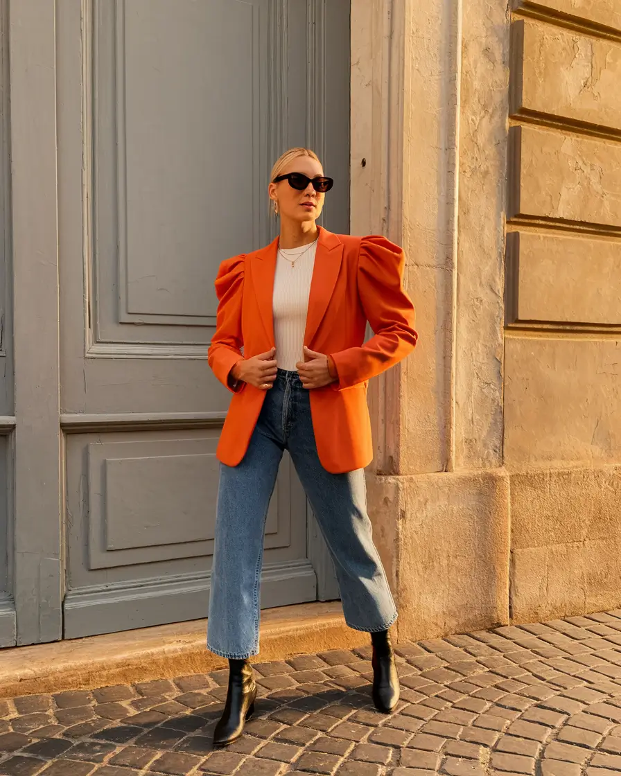 Early Fall outfits inspo for September 2025+Bold Blazer Energy in Orange and Denim