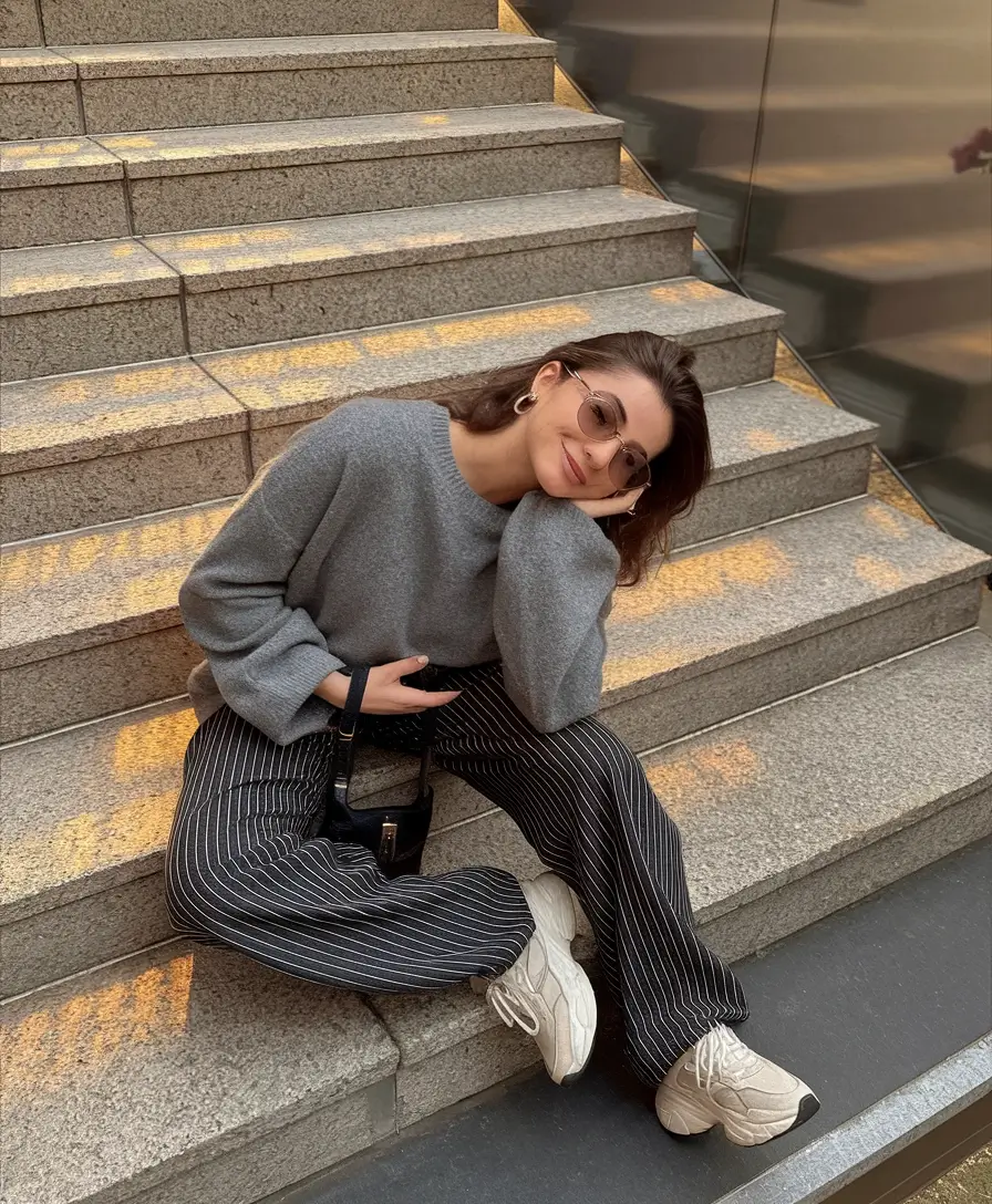 Early Fall outfits inspo for September 2025 Pinstripes and Knit for Elevated Cool-Girl Comfort