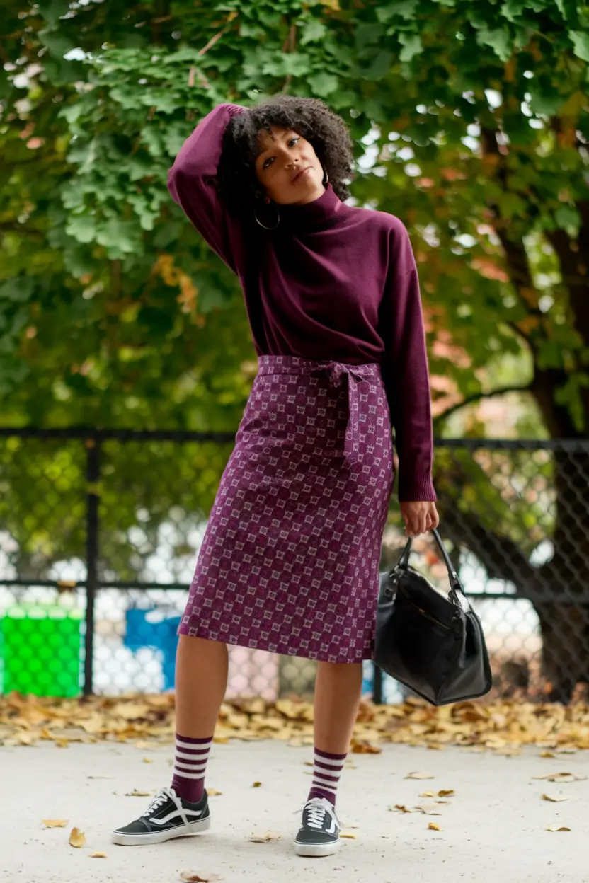 Early Fall outfits inspo for September 2025+Playful Burgundy Layers with Patterned Pop
