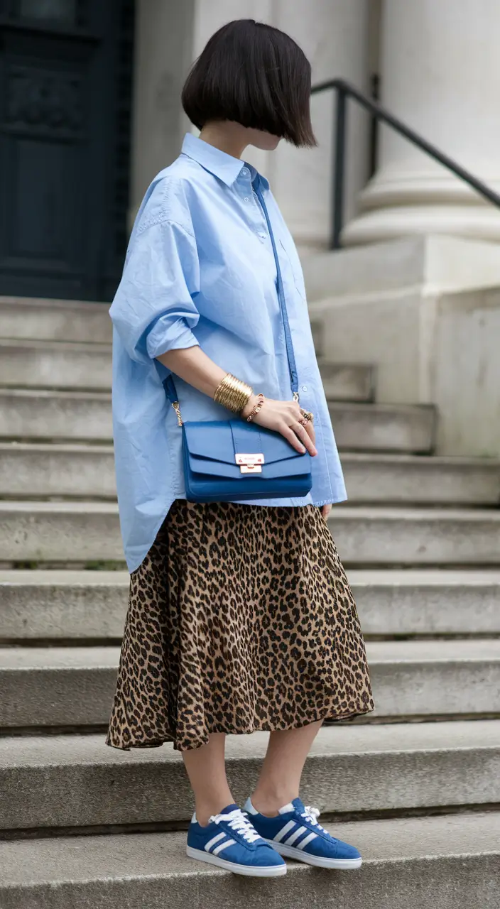 Early Fall outfits inspo for September 2025+Unexpected Mix: Leopard Skirt Meets Oversized Blue Shirt