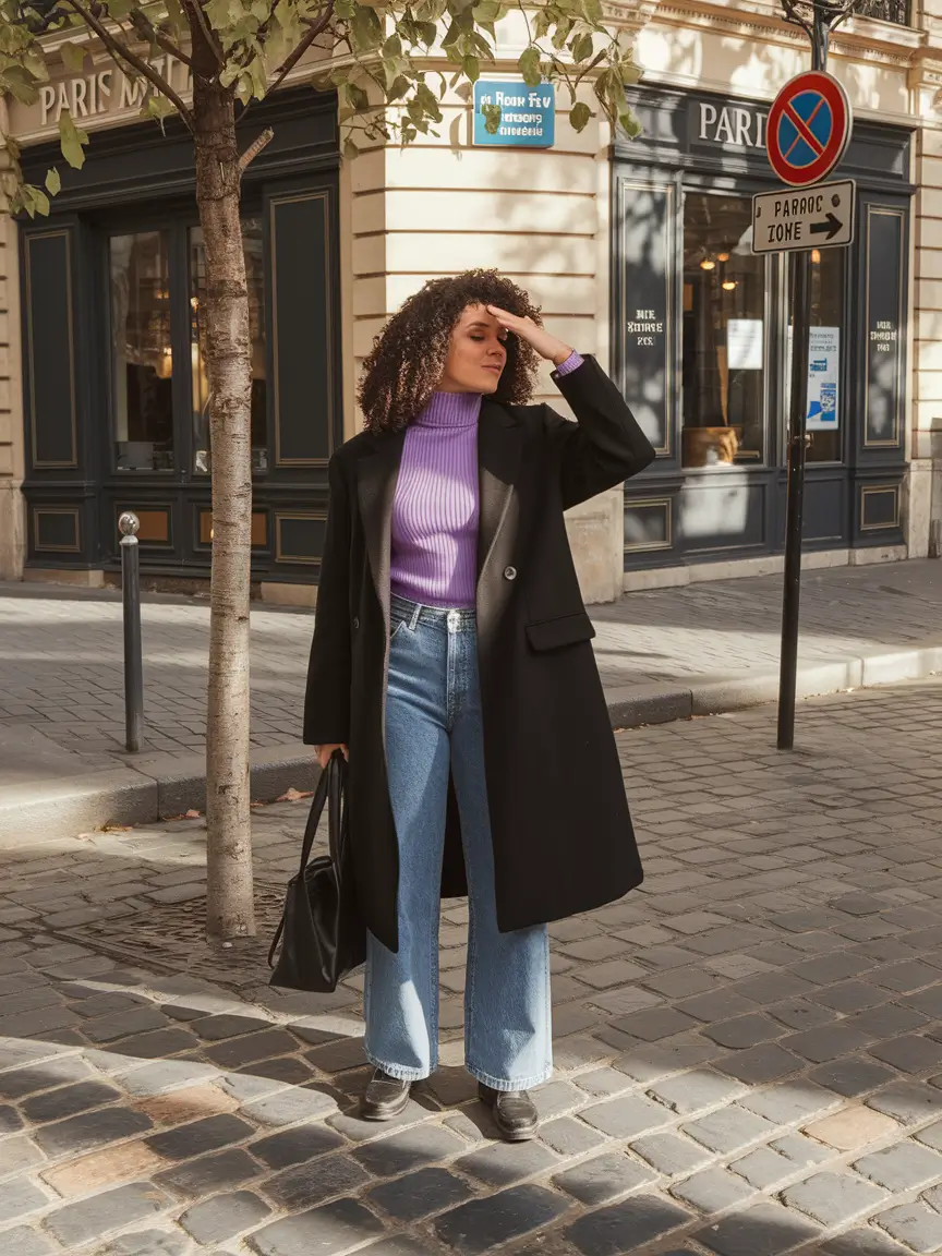 mom outfits for fall 2025 Modern Parisian: Black Coat and Lilac Details