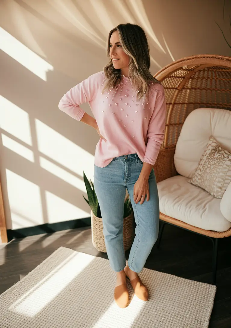 mom outfits for fall 2025 Soft & Sweet in Pink Pearls and Denim