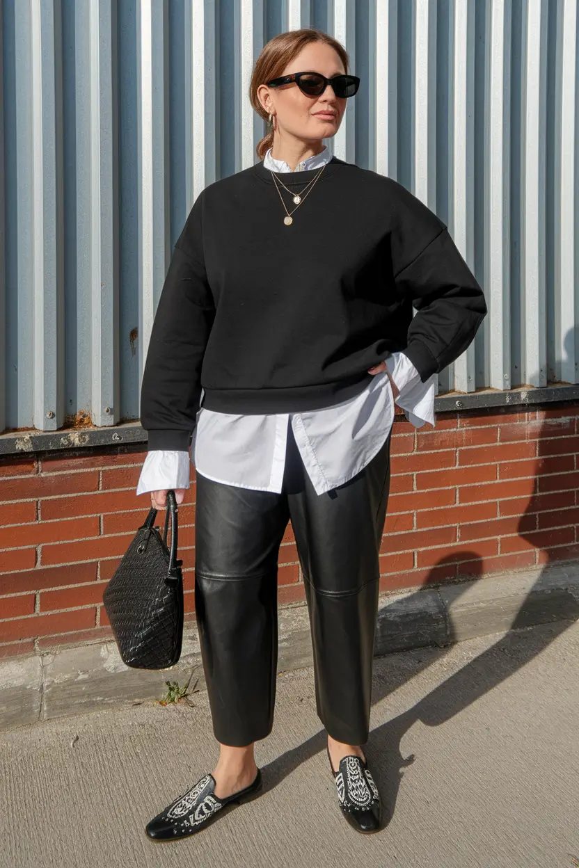 mom outfits for fall 2025 Cool Contrast: Structured Layers with Leather Pants