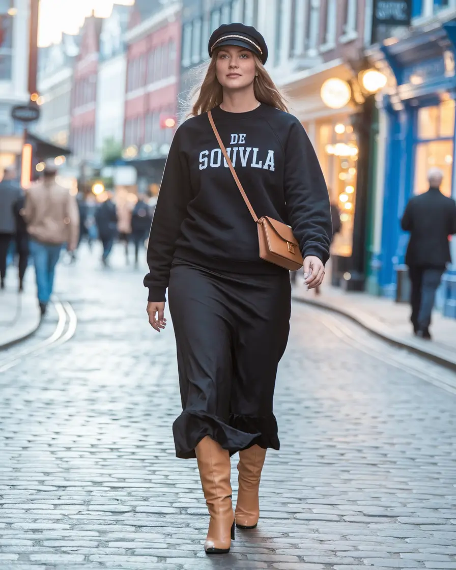 mom outfits for fall 2025 Sweatshirt & Skirt Combo with a City-Chic Twist