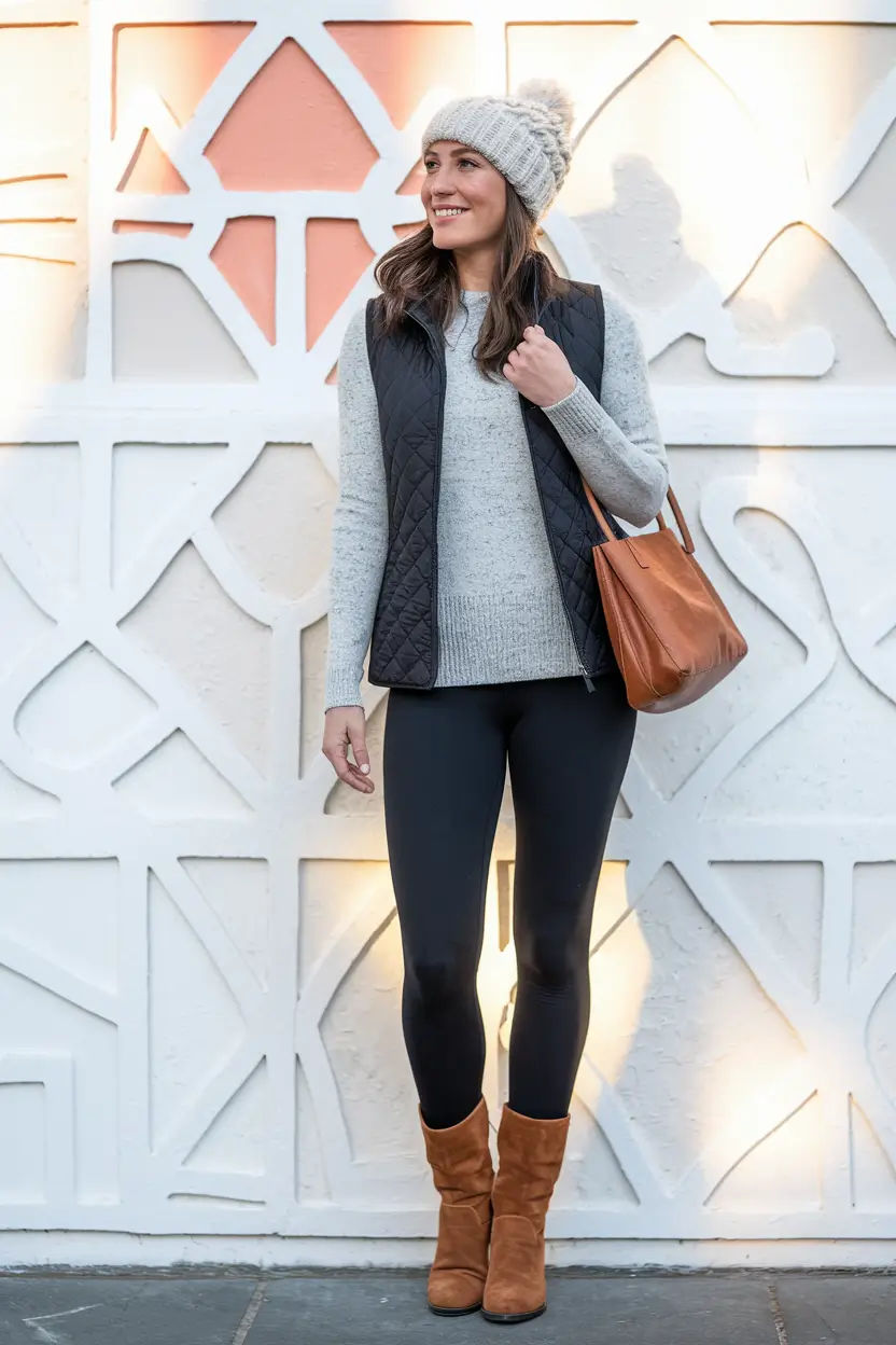 mom outfits for fall 2025 Weekend Warrior: Quilted Vest and Leggings Combo
