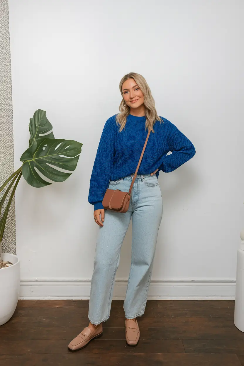 mom outfits for fall 2025 Bright Basics: Pop of Blue with Everyday Denim