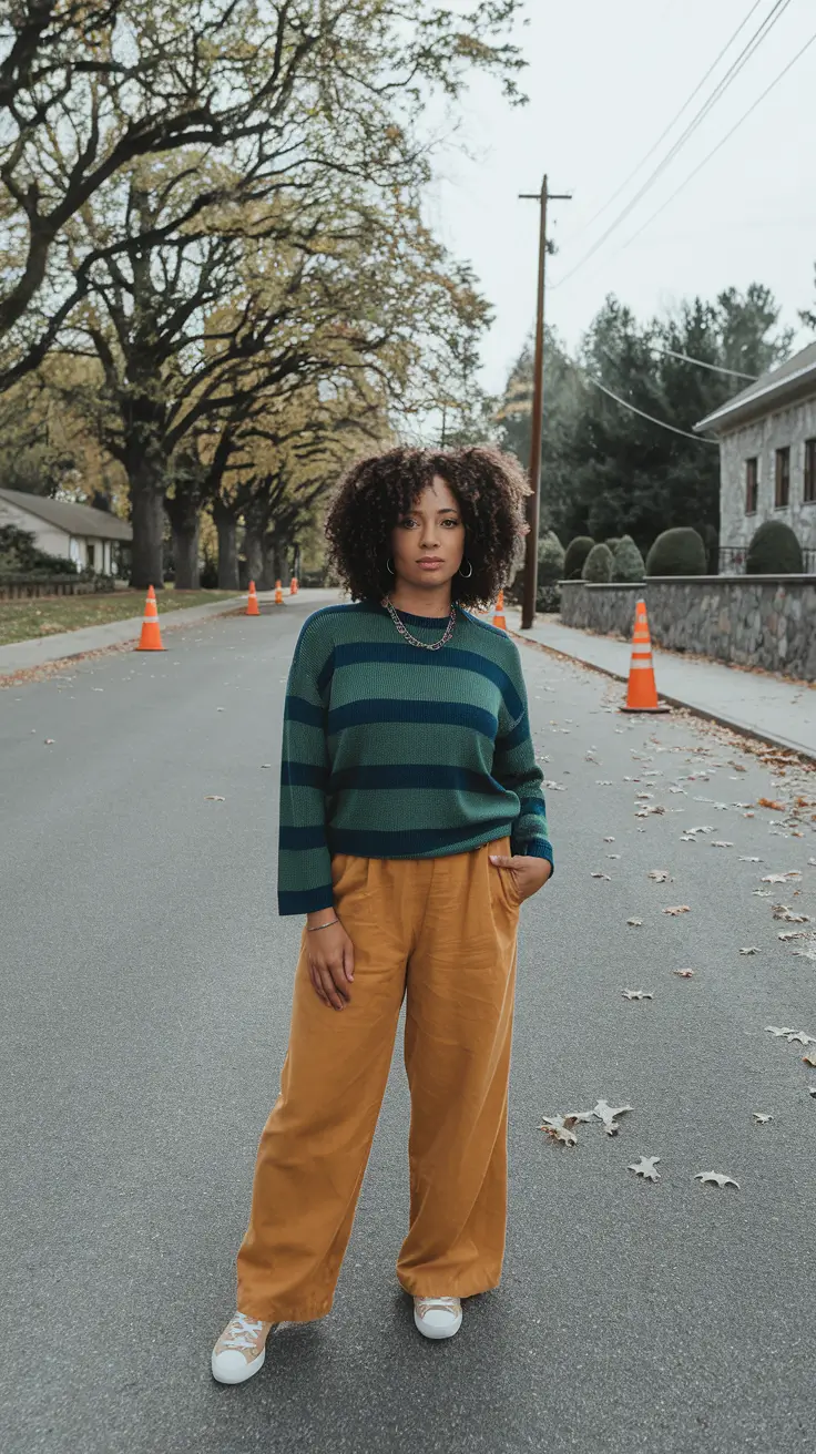everyday fall outfits ideas 2025+Striped Pullovers & Mustard Trousers for Effortless Impact