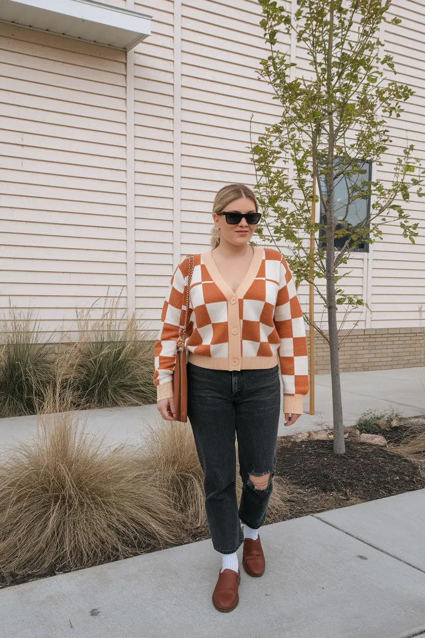 everyday fall outfits 2025 Checkerboard Pop and Ripped Denim Confidence