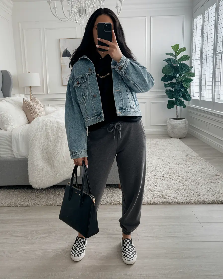 everyday fall outfits 2025 Denim Jacket Power with Cozy Joggers
