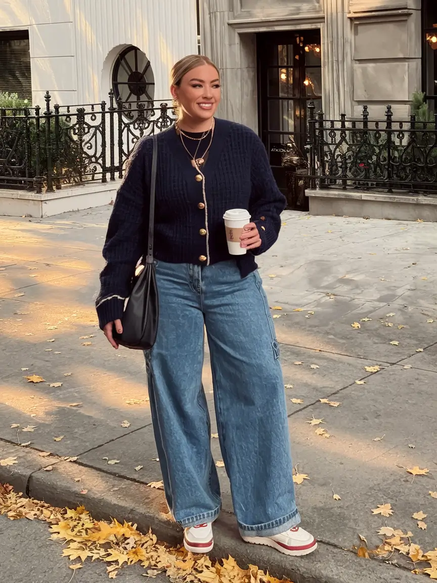 everyday fall outfits ideas 2025+Cardigan & Wide Jeans for Coffee-Walk Cool