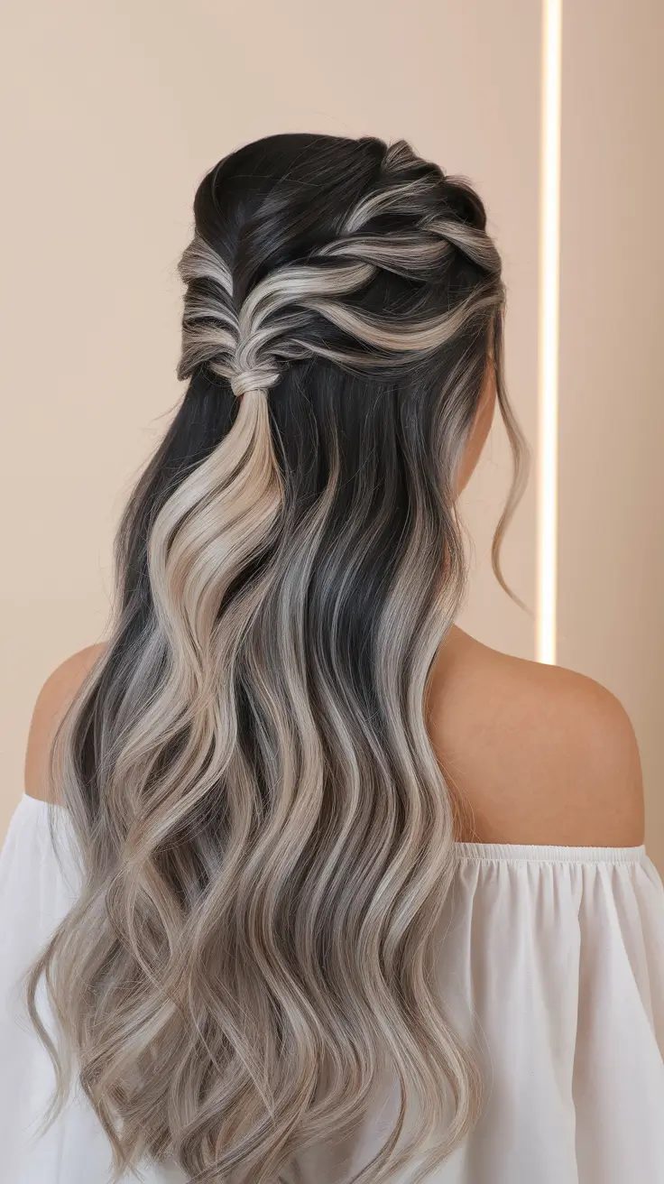 Fall 2025 Haircut Ideas for Long Hair+Braided Crown with Soft Silver Highlights