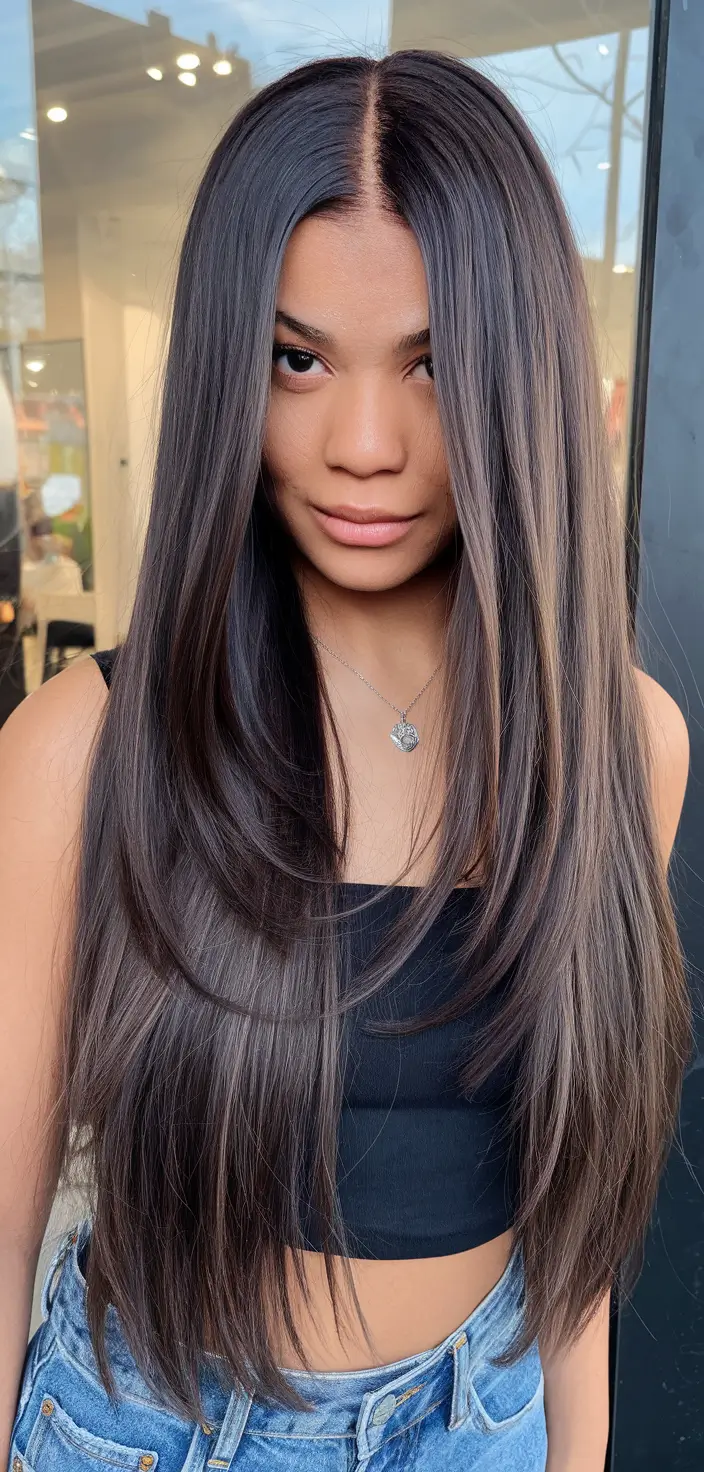 Fall 2025 Haircut Ideas for Long Hair+Ultra-Gloss Brunette with Sleek Layers