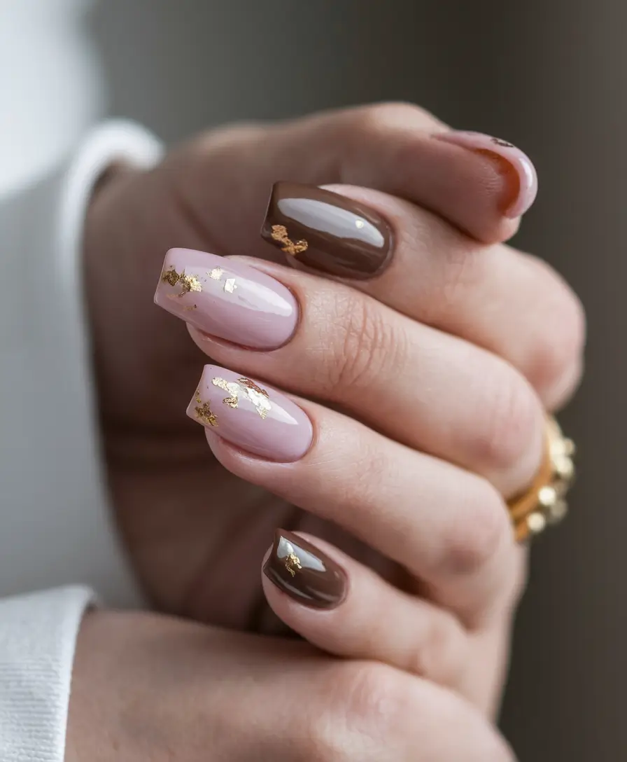 fall color nails: trendy Shades 2025+Elegant Gold Flakes on Neutral Pink and Brown