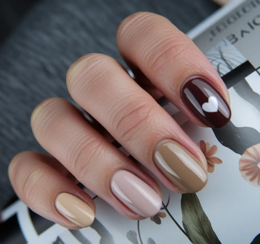 fall color nails: trendy Shades 2025+Toffee Neutrals and a Touch of Love