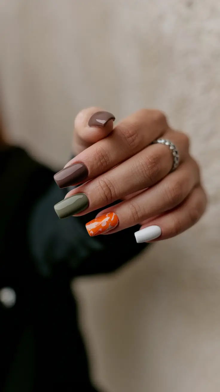 fall color nails: trendy Shades 2025+Earthy Modernism with a Pop of Orange