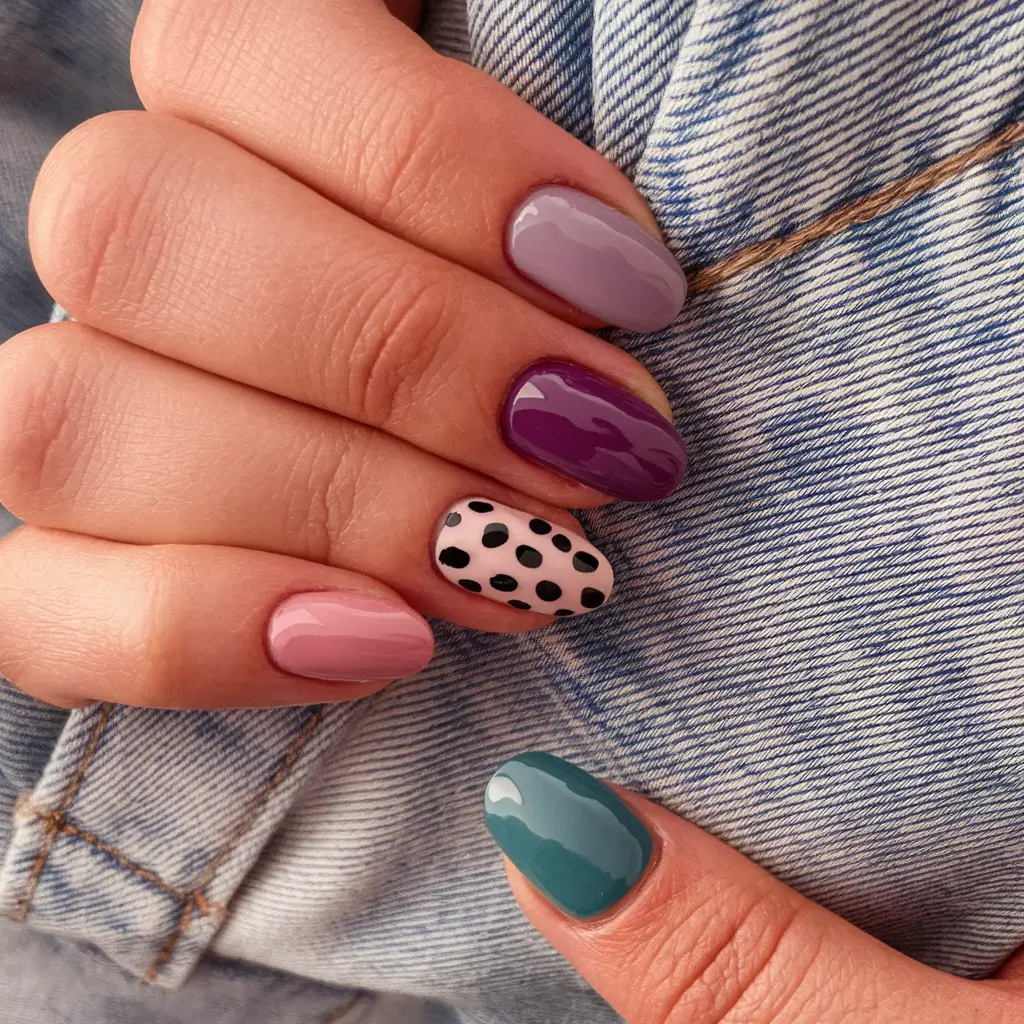 fall color nails: trendy Shades 2025+Playful Purple Palette with a Polka Twist