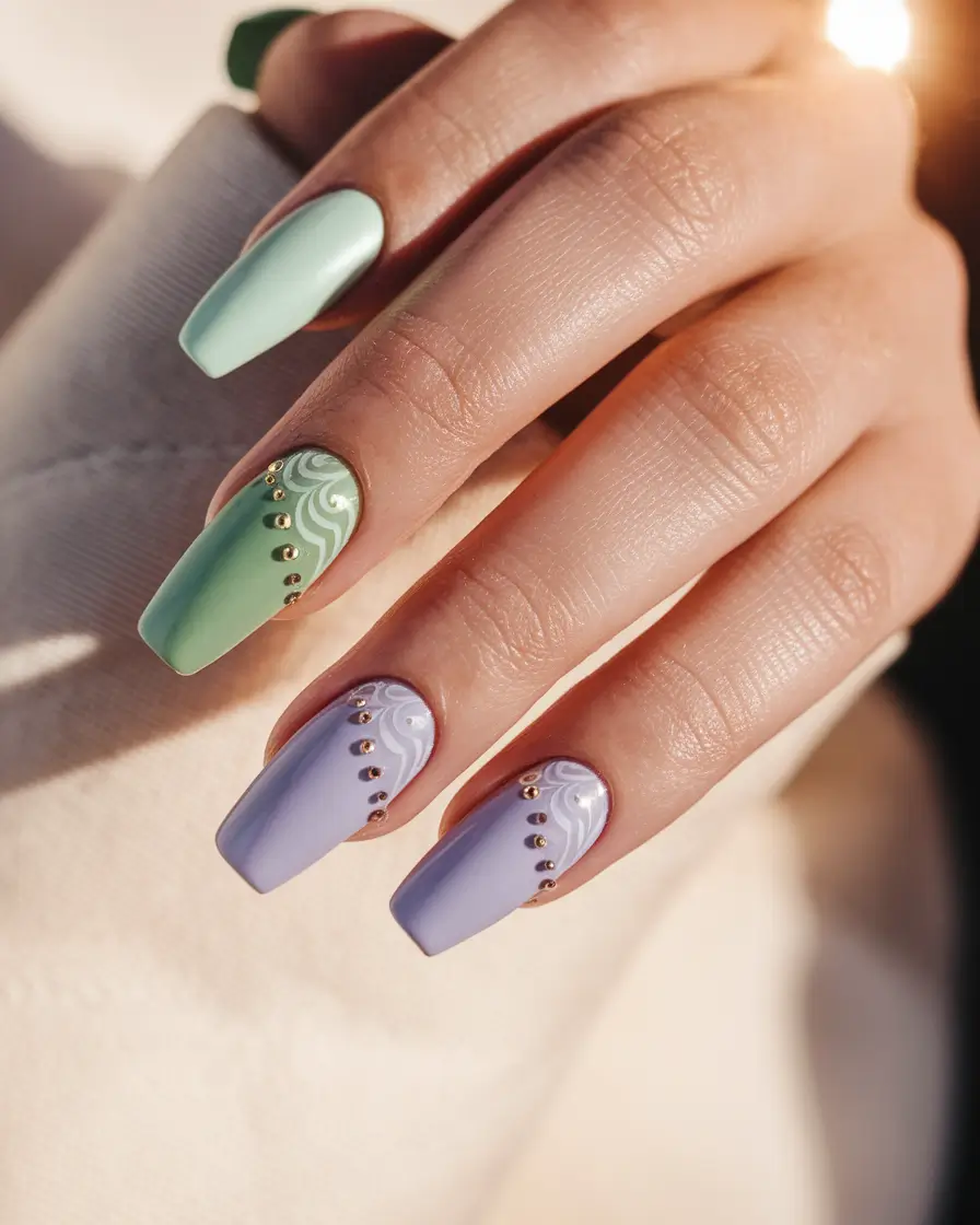 fall color nails: trendy Shades 2025+Glossy Pastels with Embellished Swirls