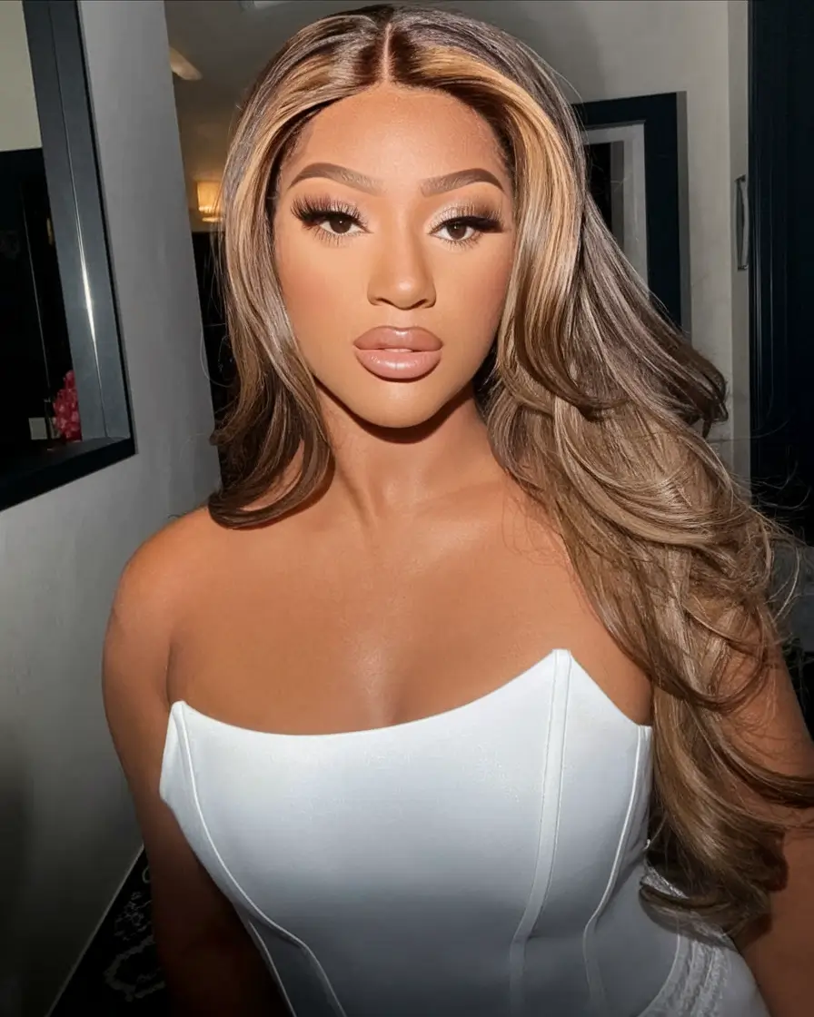 fall hair color for brown skin 2025 Honey Ribbons on Mid-Parted Glam Waves