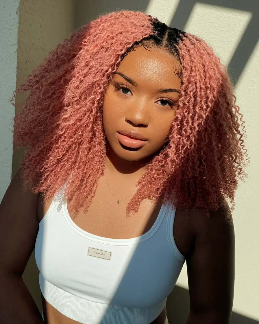 hair color for brown skin 2025 Dusty Rose Curls with a Root Contrast
