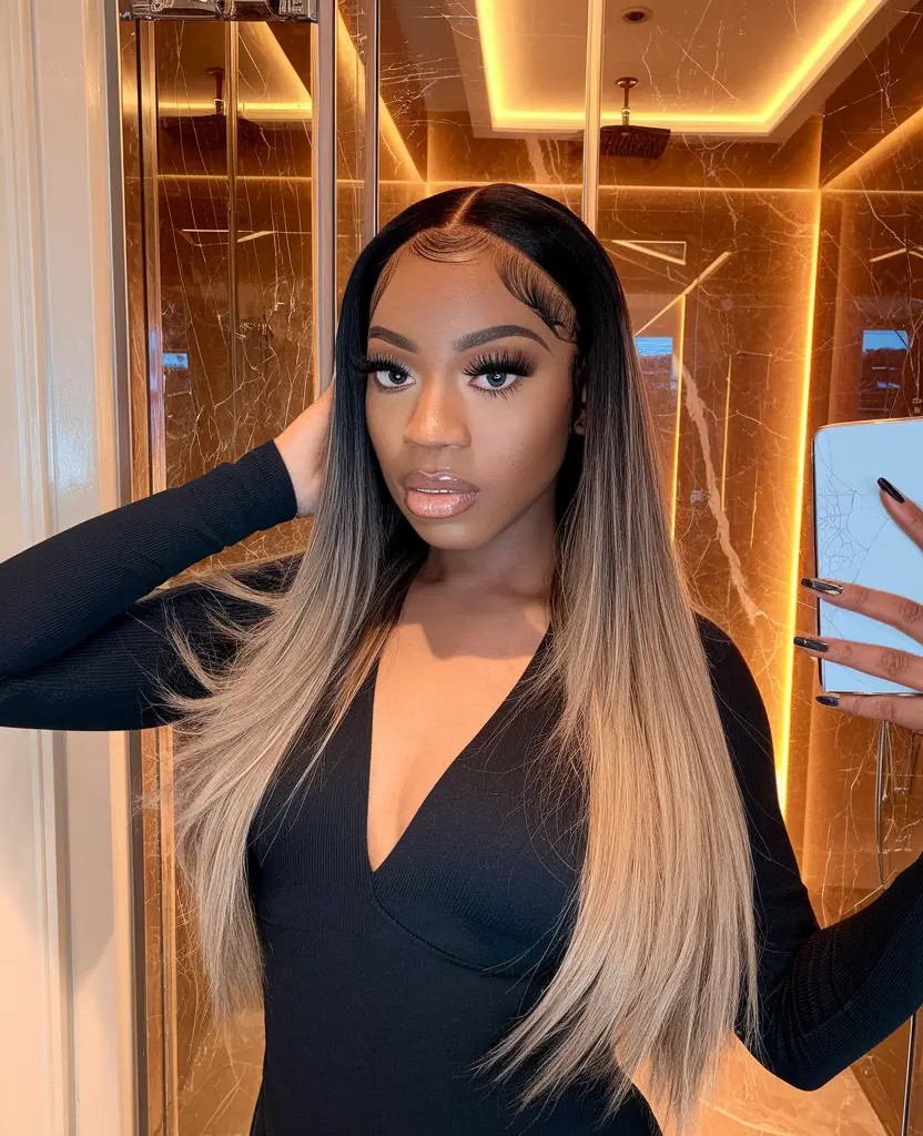 fall and winter hair color ideas for black women+Ash Blonde Melt with Sleek Middle Part