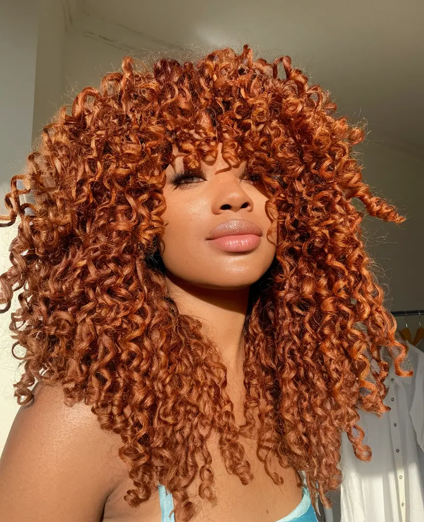 fall hair color for black women natural Spiced Copper Coils with Natural Volume