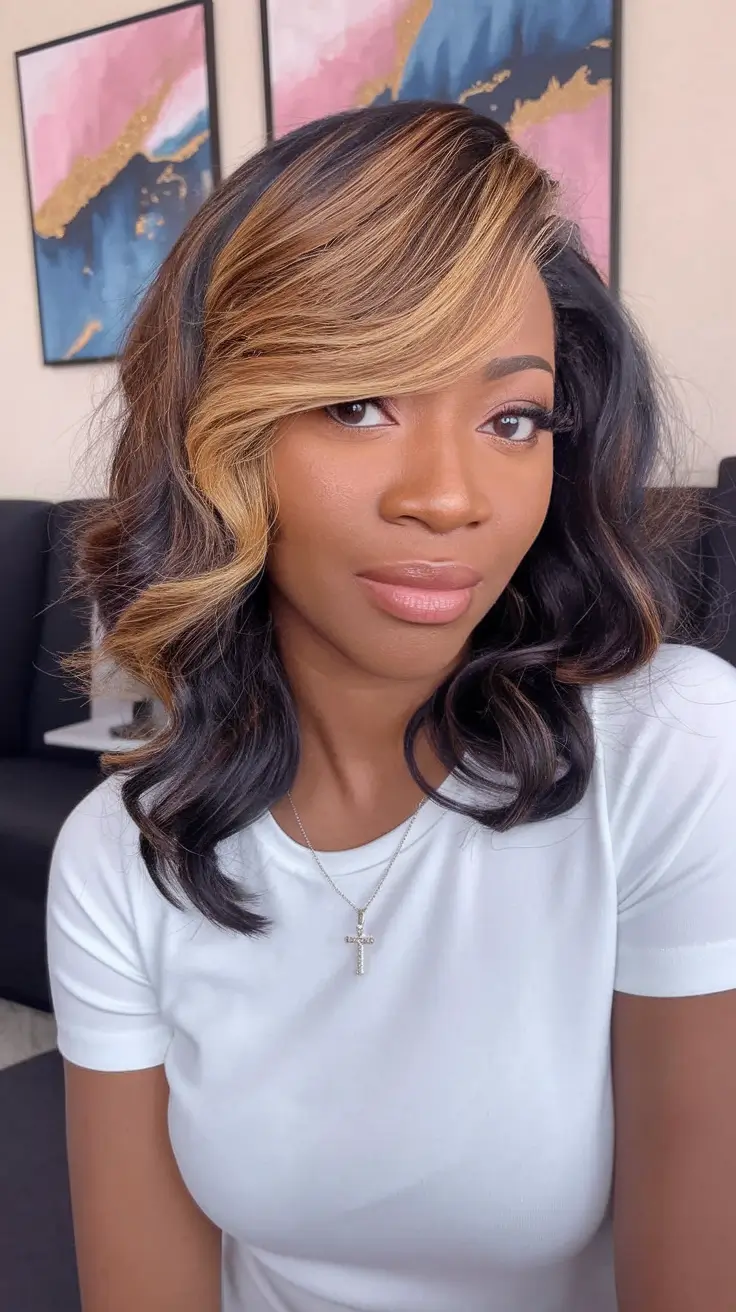 fall hair color black women bob Chic Shoulder Cut with Blonde Panel