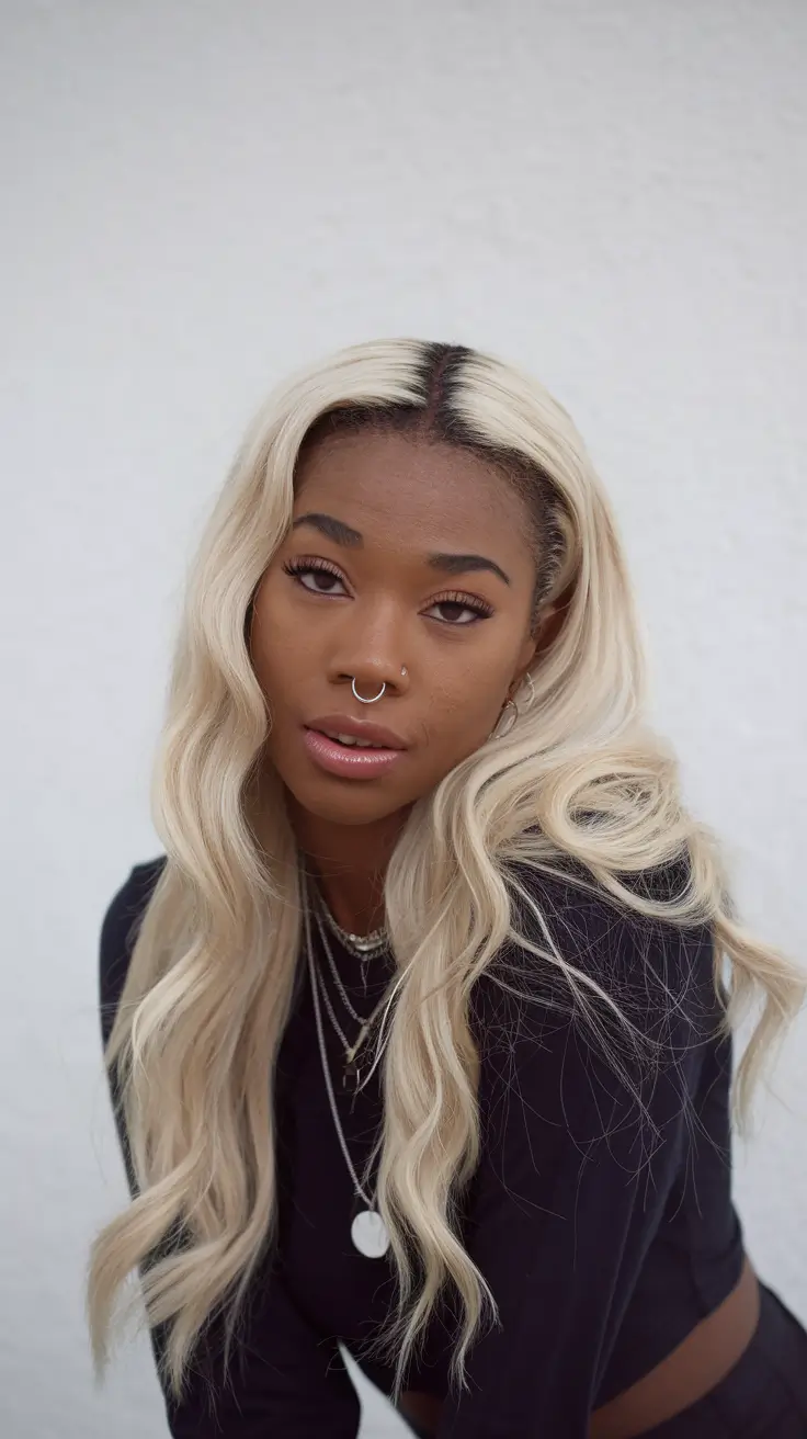 fall blonde hair color black women+Platinum Blonde with Dark Root Depth