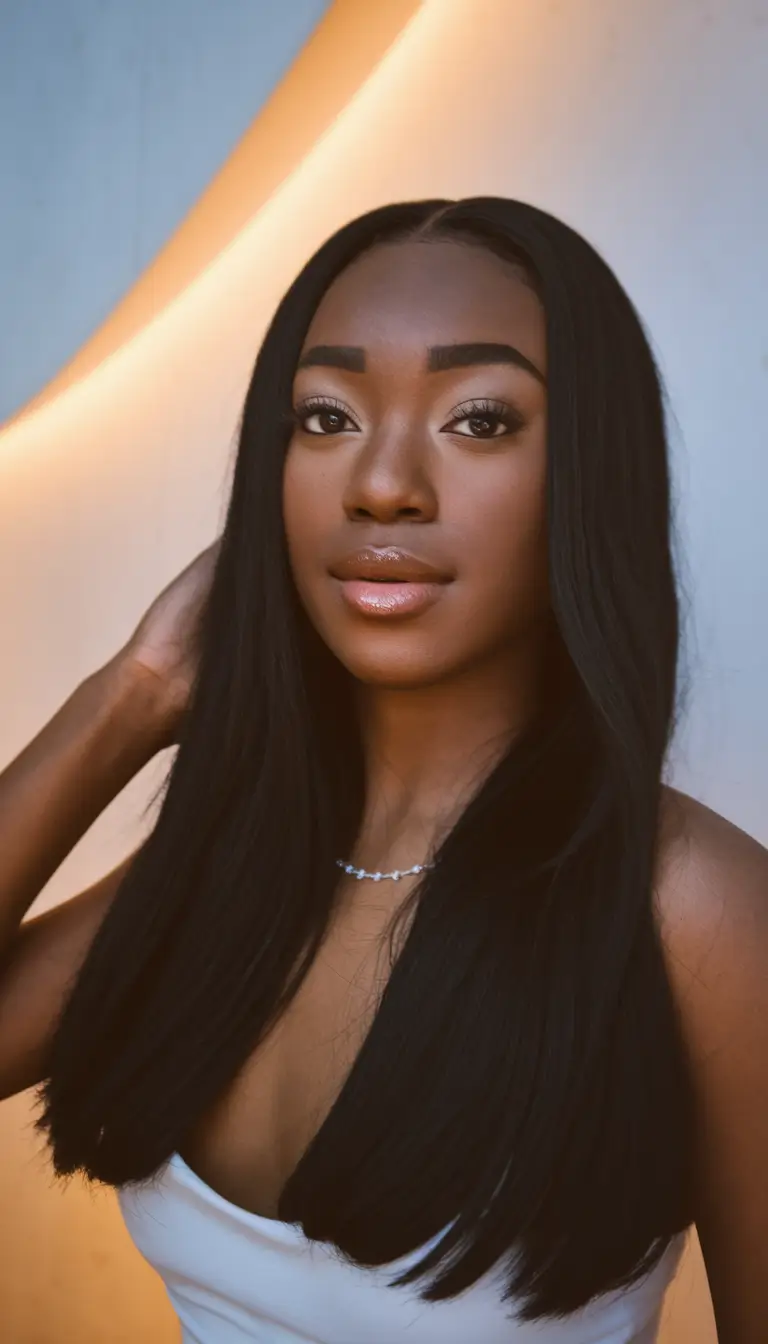fall hair color black women natural+Classic Jet Black with Silky Middle Part