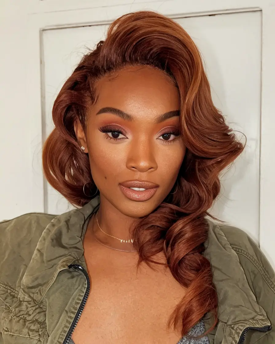 fall hair color black women+Deep Auburn Curls with Retro Volume