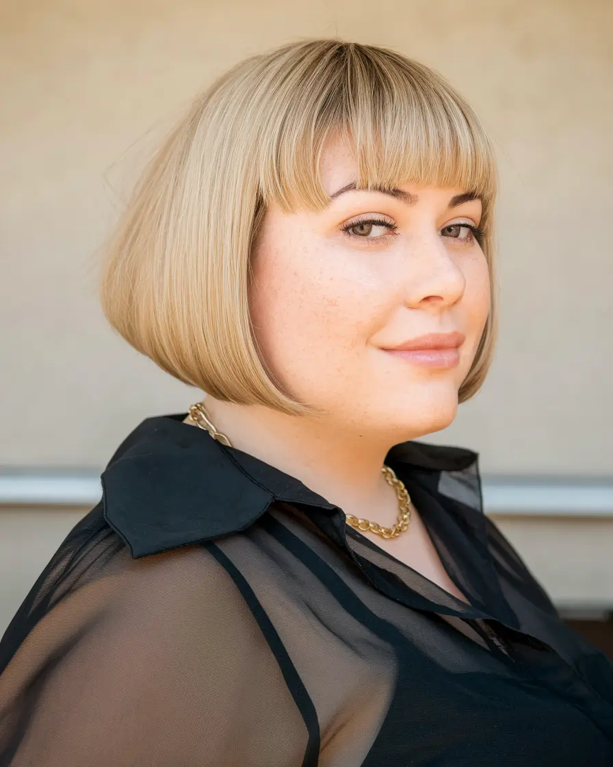 fall haircuts chubby face Blunt-Cut Bob with Baby Bangs for Fall Structure