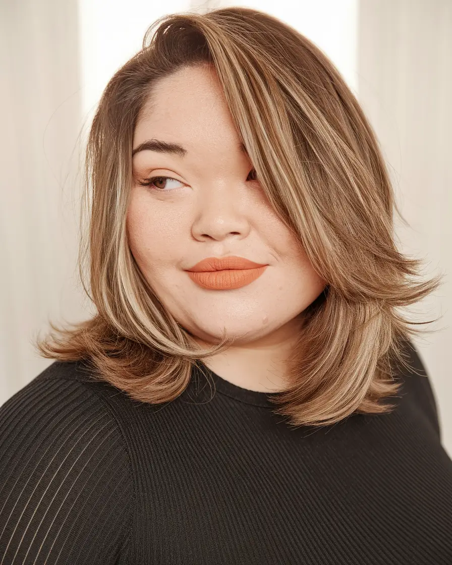 fall haircuts chubby face Feathered Shoulder-Length Cut with Face-Framing Highlights