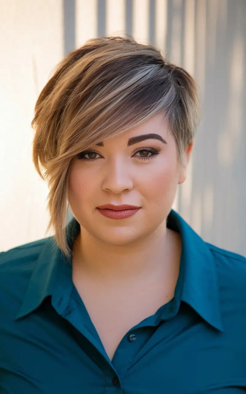 haircuts chubby face fat women Textured Pixie with a Voluminous Side Fringe