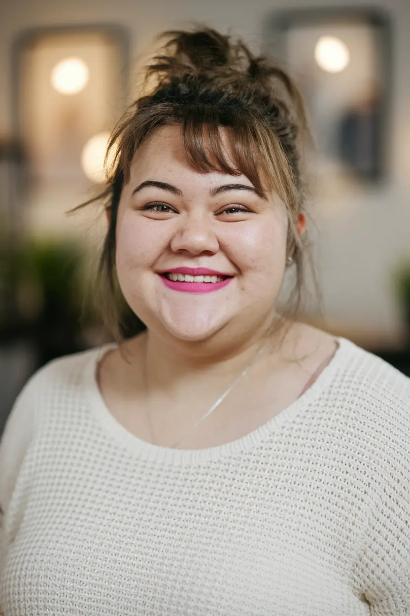haircuts for chubby faces Messy Top Knot with Wispy Bangs