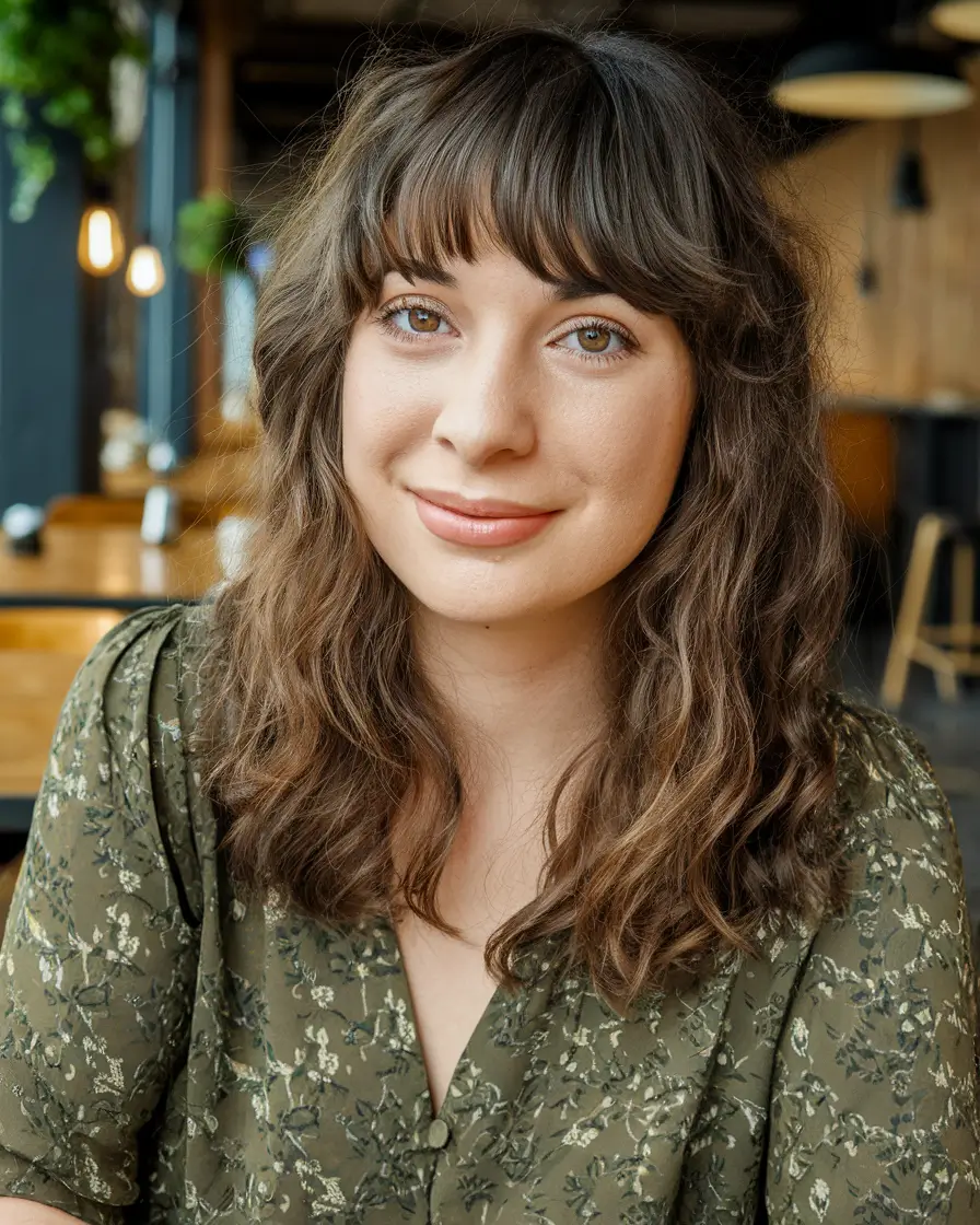 medium haircuts for chubby faces Layered Mid-Length Waves with Blunt Bangs