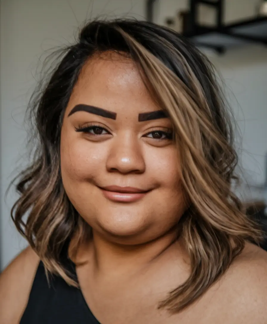 fall haircuts for chubby faces Textured Wavy Lob with Caramel Highlights