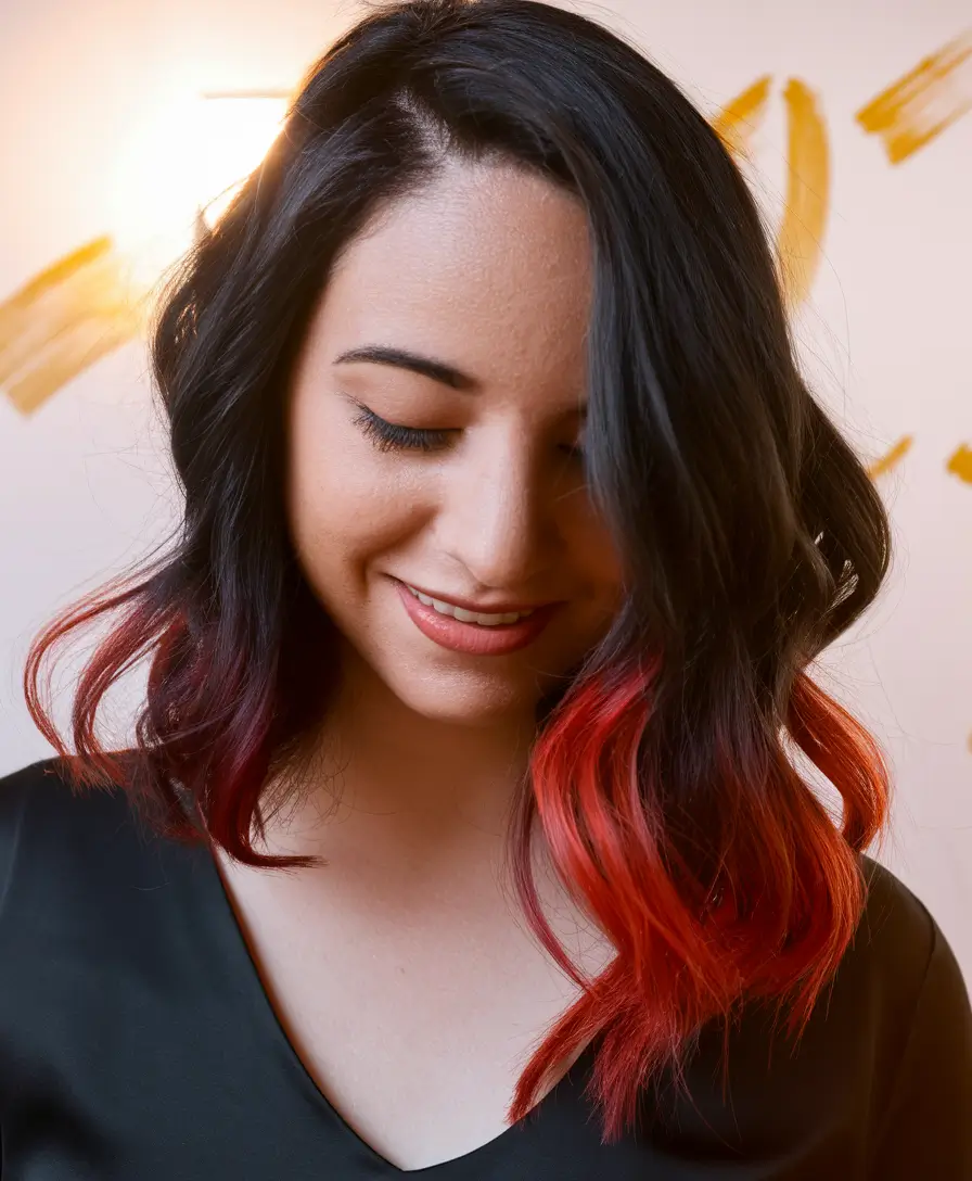 september hair flyer Black-to-Red Ombre Lob with Waves