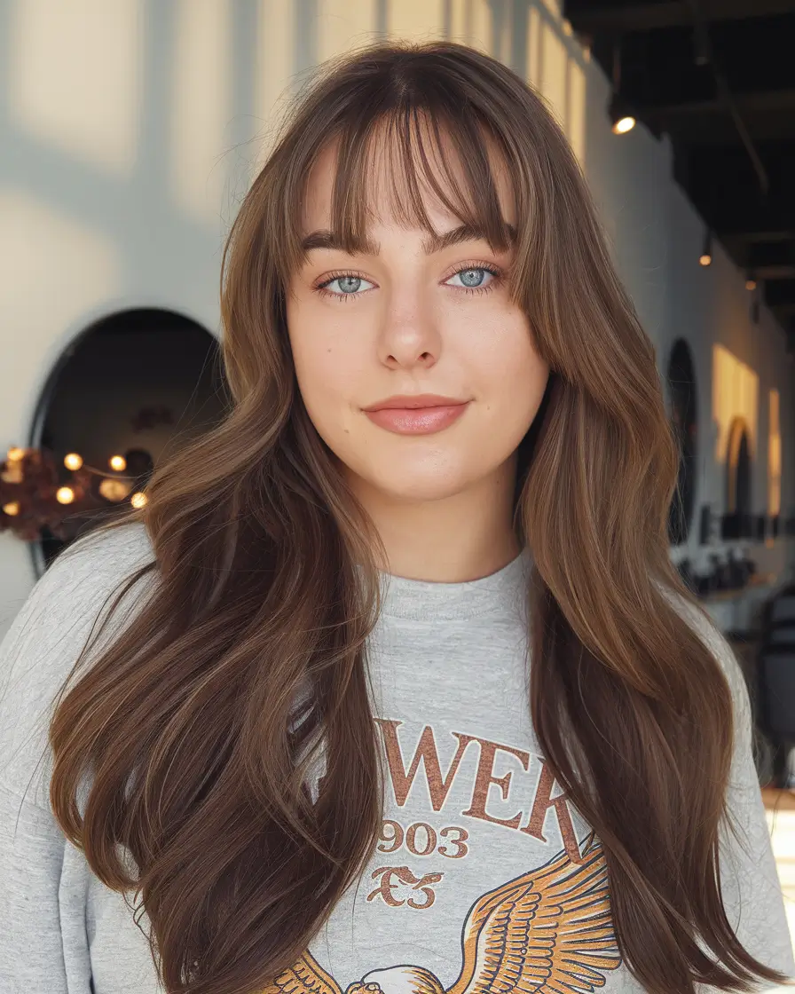 september hair color ideas brunette Long Chocolate Waves with Soft Fringe