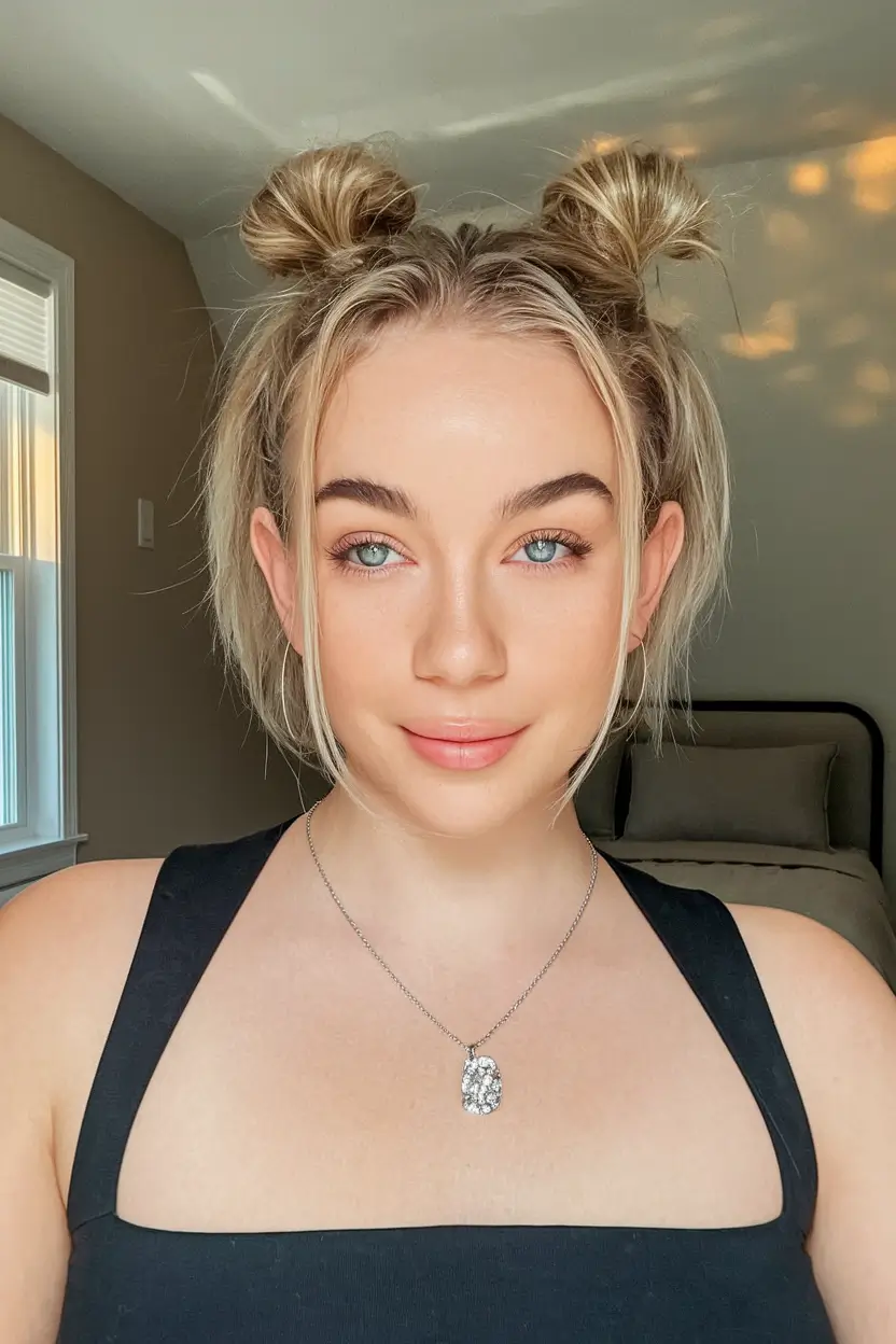 september hairstyles Mini Space Buns on Textured Bob