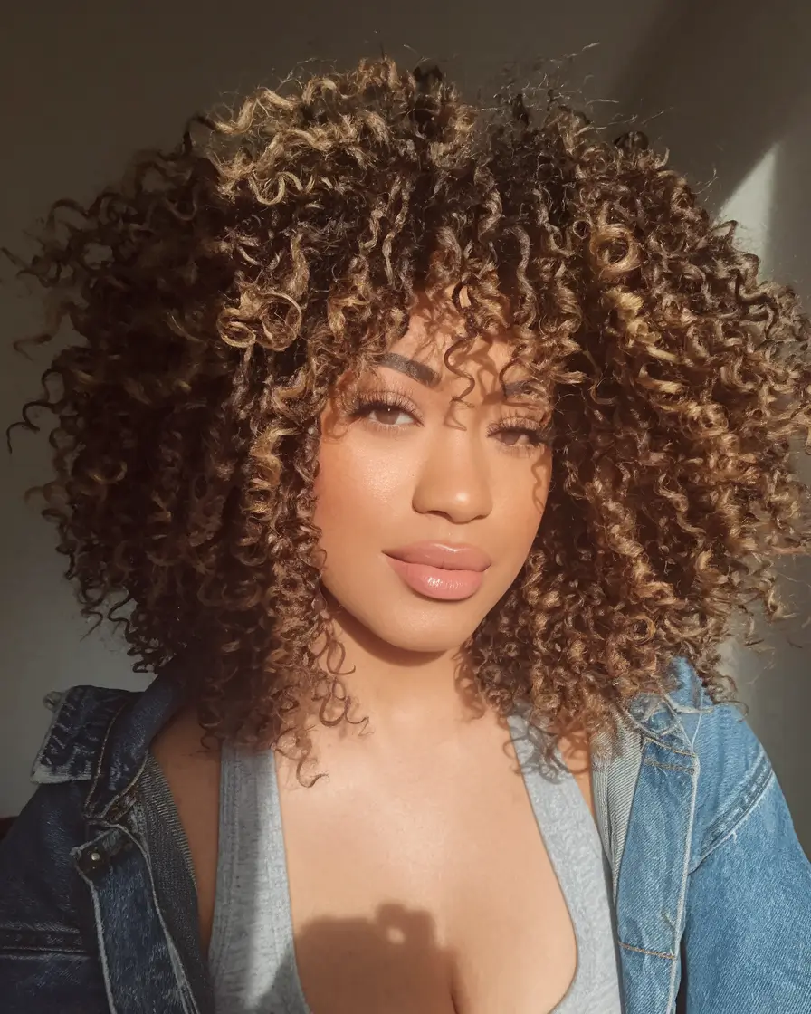 september hairstyles black women Voluminous Curls with Honey Highlights