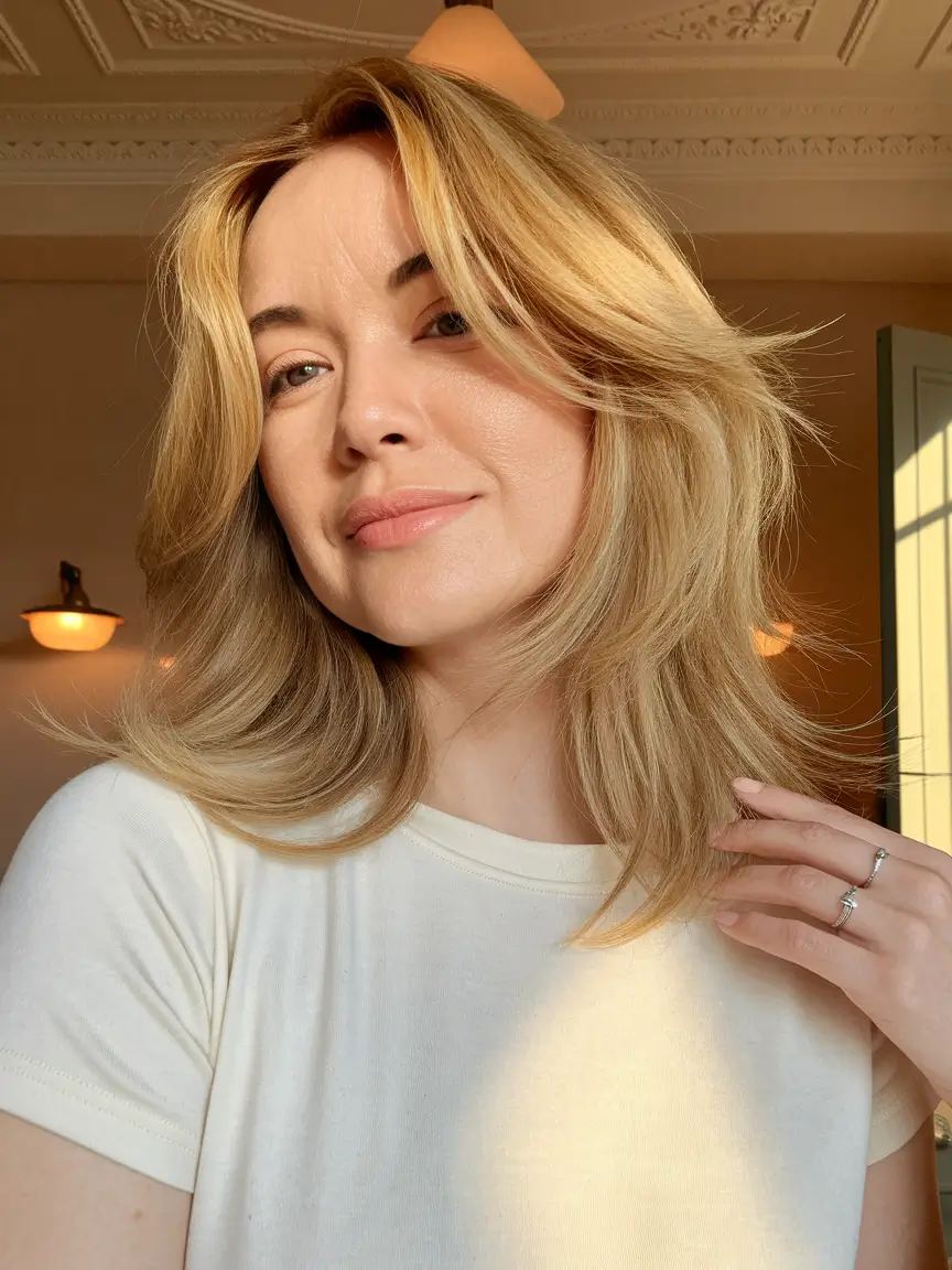 september hair color ideas blonde ’70s-Inspired Layered Shag in Buttery Blonde