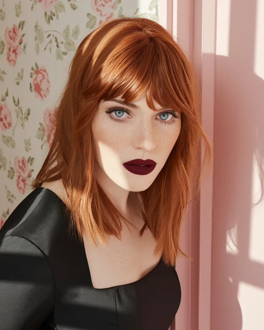 september hair color Long Shag with Baby Bangs in Copper Red