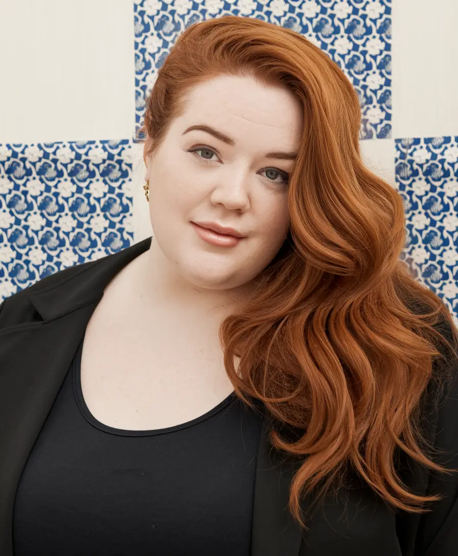 Fall haircut plus size women Side-Swept Red Layers with Sculpted Waves