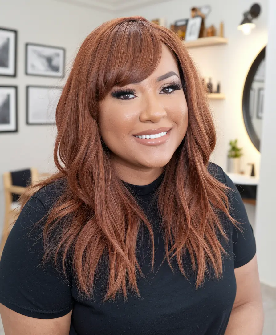 fall haircut plus size women Warm Auburn Waves with Bangs