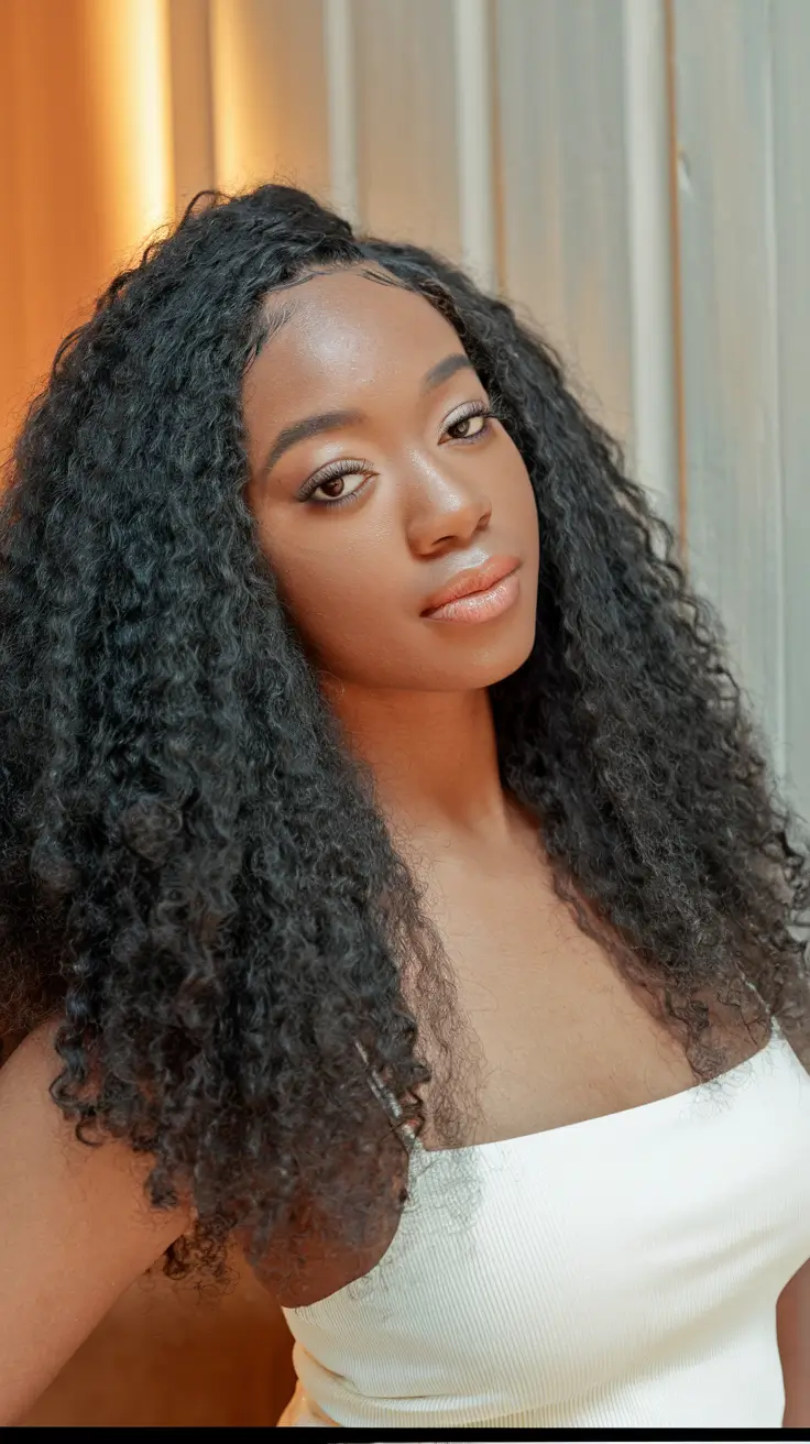 fall hairstyle black women Soft Curly Weave with Natural Edges