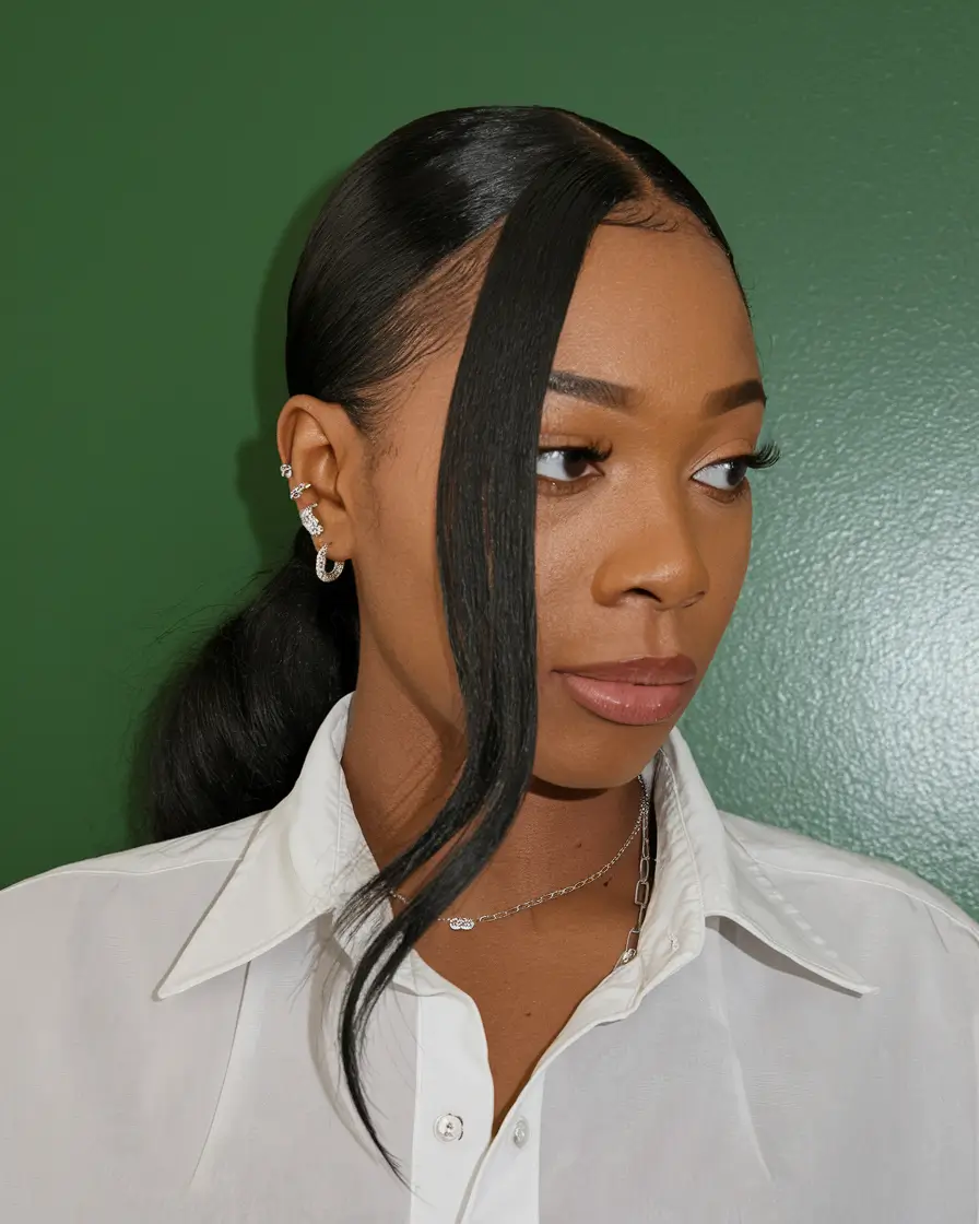 fall hairstyle black women Low Ponytail with Face-Framing Piece