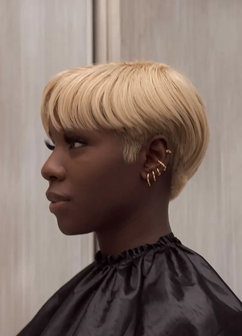 fall hairstyle black women Micro-Layered Bowl Cut in Buttery Blonde