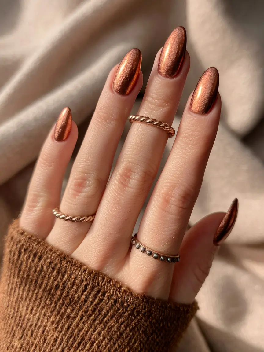 september nails designs almond Molten Bronze Almond Drama